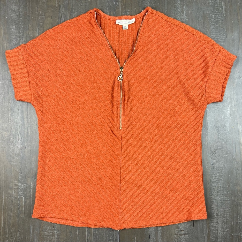 Parallel Skies Orange Ribbed Zip-Up V-neck Crop Top Women’s Small